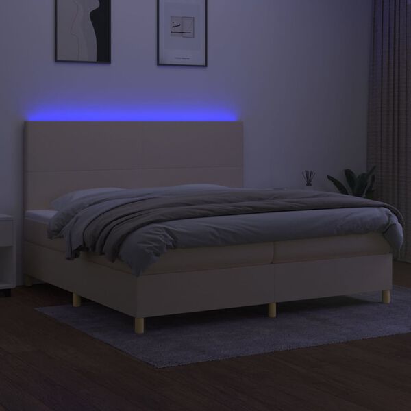 vidaXL Box spring postelja z vzmetnico LED krem 200x200 cm blago