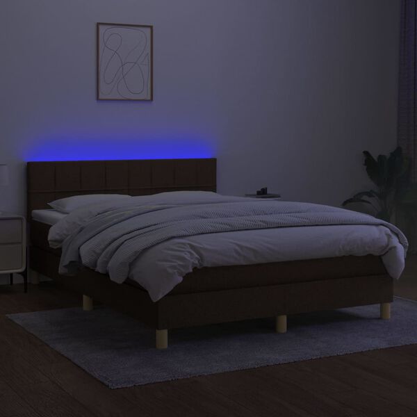 vidaXL Box spring postelja z vzmetnico LED temno rjava 140x190cm blago