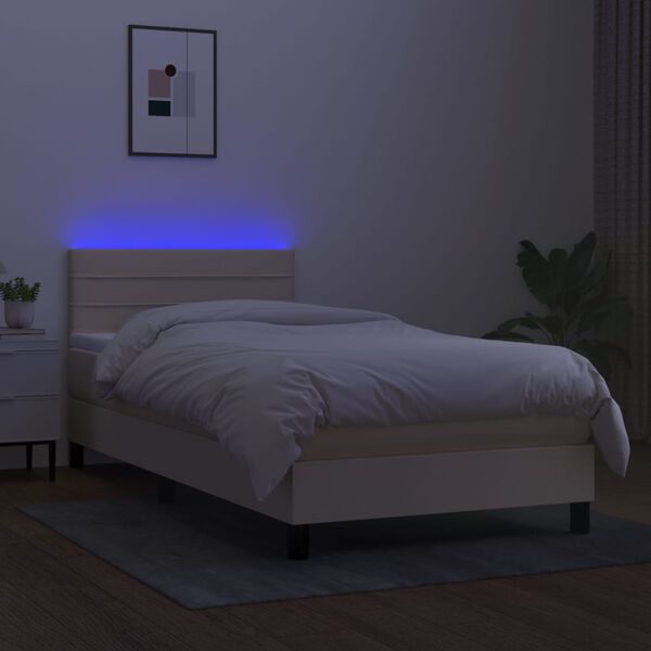 vidaXL Box spring postelja z vzmetnico LED krem 90x190 cm blago