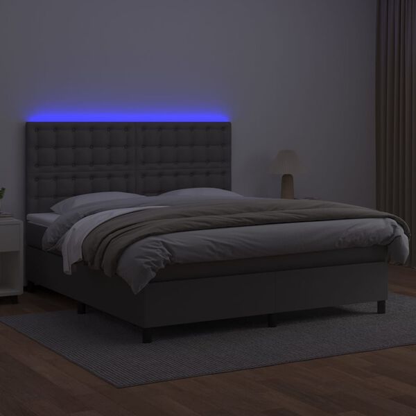vidaXL Box spring postelja z vzmetnico LED siva 160x200cm umetno usnje