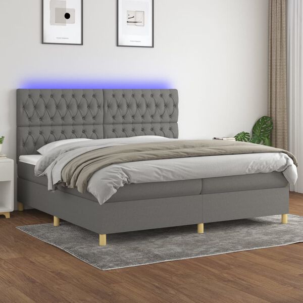 vidaXL Box spring postelja z vzmetnico LED temno siva 200x200 cm blago