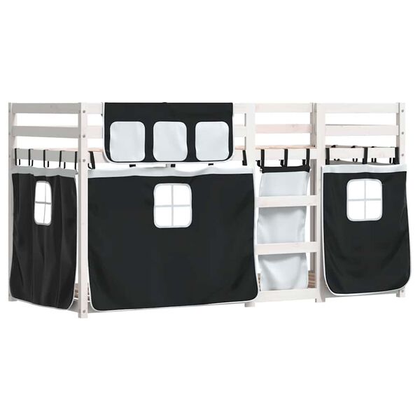 vidaXL Pograd z zavesami bel in črn 90x200 cm trdna borovina