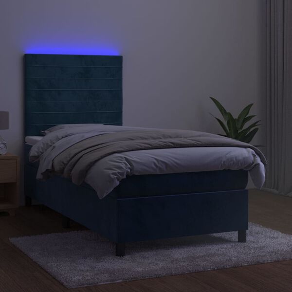 vidaXL Box spring postelja z vzmetnico LED temno modra 90x190 cm žamet