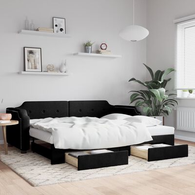 vidaXL Izvlečna dnevna postelja s predali črna 100x200 cm blago
