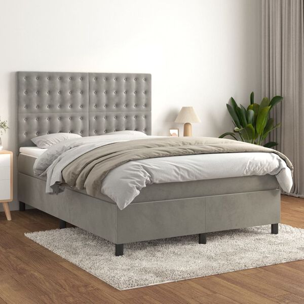 vidaXL Box spring postelja z vzmetnico svetlo siv 140x190 cm žamet