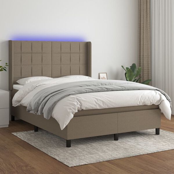 vidaXL Box spring postelja z vzmetnico LED taupe 140x200 cm blago