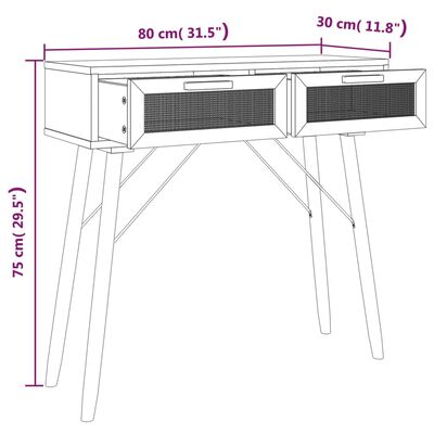 vidaXL Konzolna mizica črna 80x30x75 cm borovina in naravni ratan