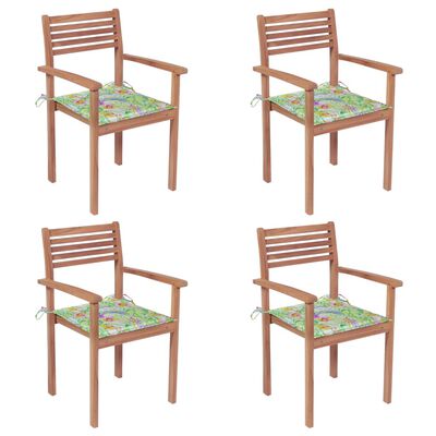 vidaXL Vrtni stoli 4 kosi z blazinami z vzorcem listja trdna tikovina