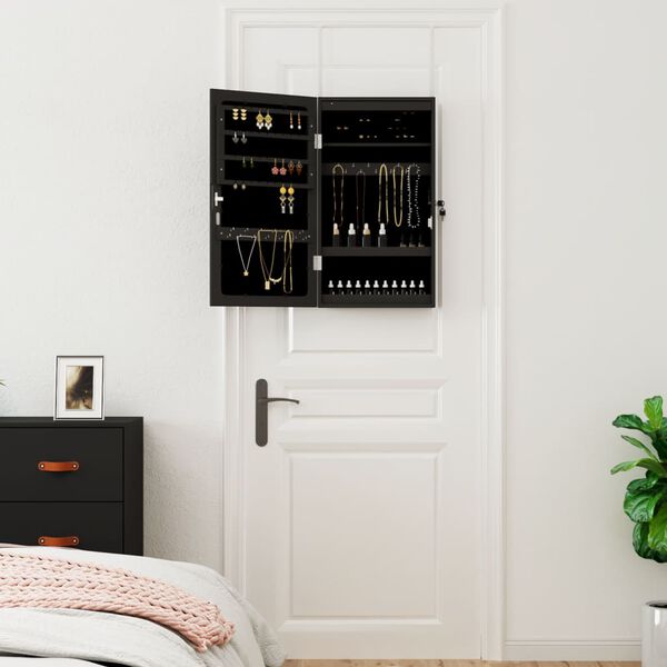 vidaXL Omarica za nakit z ogledalom in LED lučmi stenska črna