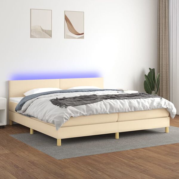 vidaXL Box spring postelja z vzmetnico LED krem 200x200 cm blago