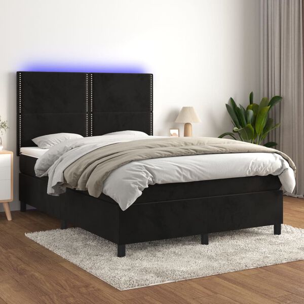 vidaXL Box spring postelja z vzmetnico LED črna 140x190 cm žamet