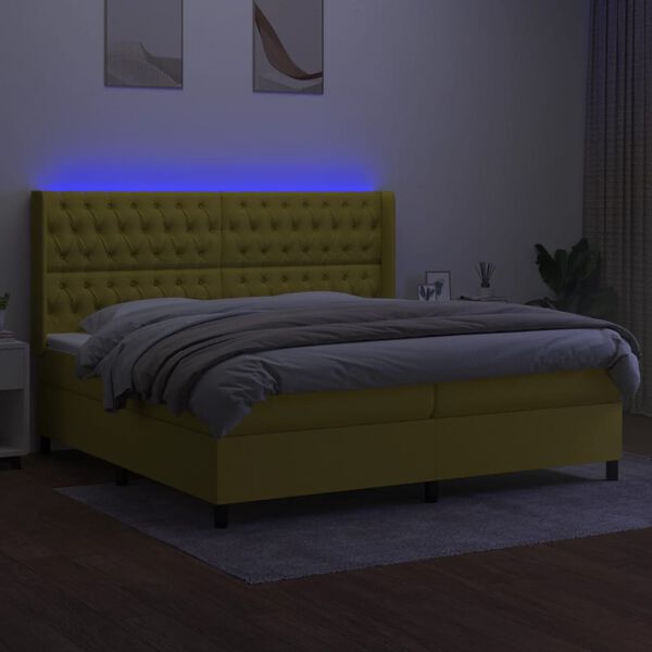vidaXL Box spring postelja z vzmetnico LED zelena 200x200 cm blago