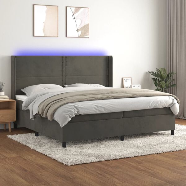 vidaXL Box spring postelja z vzmetnico LED temno siva 200x200 cm žamet
