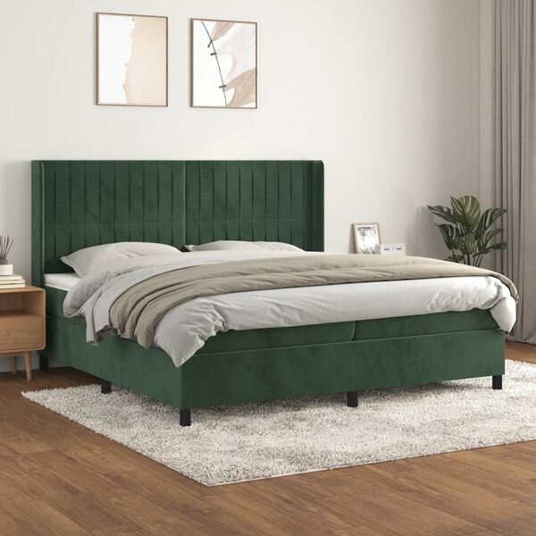 vidaXL Box spring postelja z vzmetnico temno zelena 200x200 cm žamet