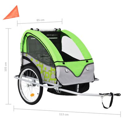 vidaXL Otroška kolesarska prikolica in voziček 2 v 1 zelena in siva
