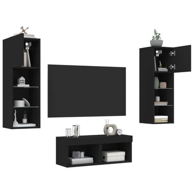 vidaXL Stenske TV omarice z LED lučkami 4 kosi črna