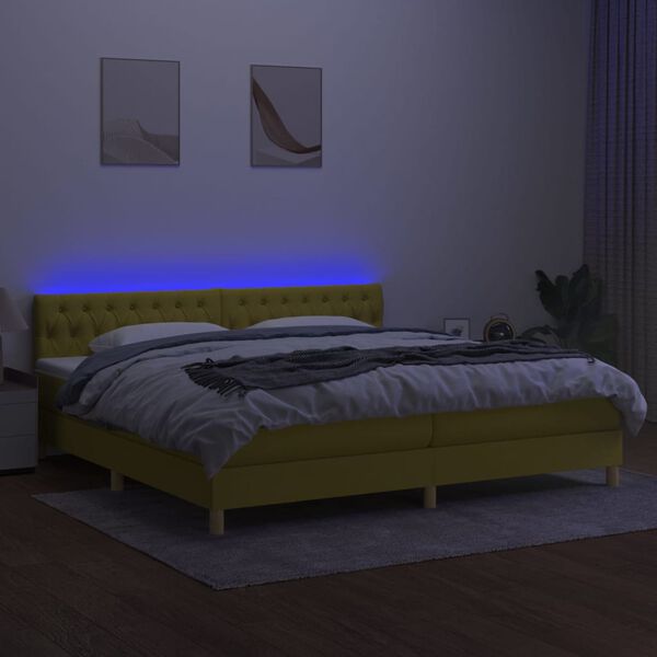vidaXL Box spring postelja z vzmetnico LED zelena 200x200 cm blago