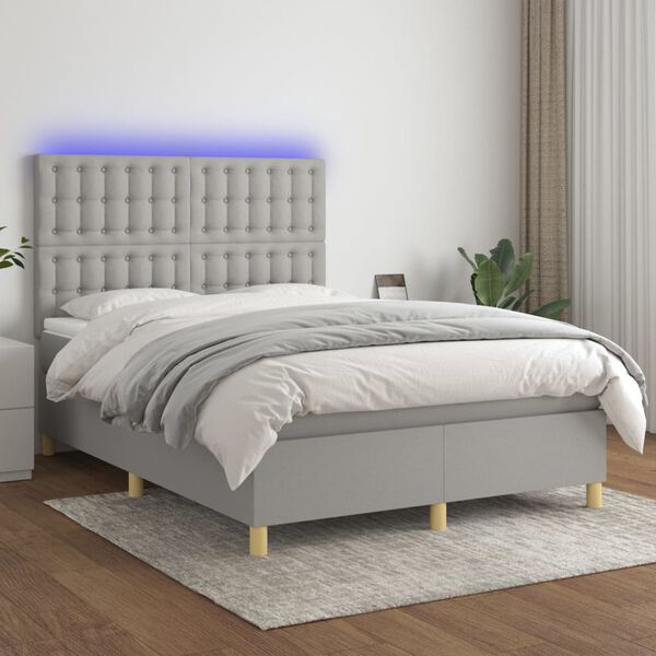 vidaXL Box spring postelja z vzmetnico LED svetlo siva 140x190cm blago
