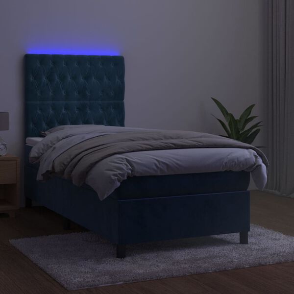 vidaXL Box spring postelja z vzmetnico LED temno modra 100x200cm žamet
