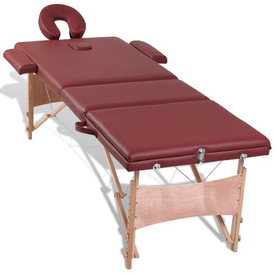 Rdeča zložljiva masažna miza s 3 območji in lesenim okvirjem