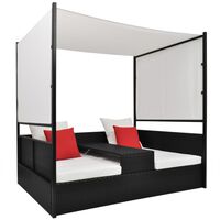 vidaXL Vrtna postelja s streho poli ratan 190x130 cm črna