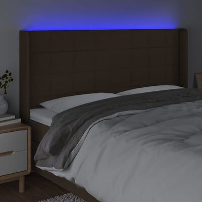 vidaXL LED posteljno vzglavje temno rjavo 183x16x118/128 cm blago