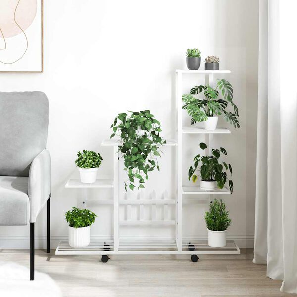 vidaXL Stojalo za rože s kolesi 94,5x25x92,5 cm belo kovinsko