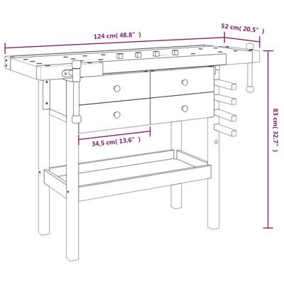 vidaXL Delovna miza s predali in primeži 124x52x83 cm trdna akacija