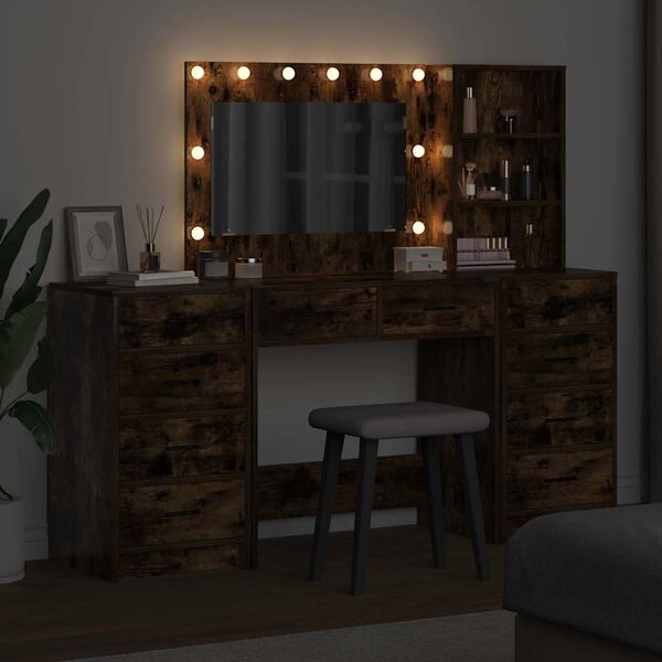 vidaXL Toaletna mizica s predalom 3 pcs Dimljeni oreh Konstruiran les