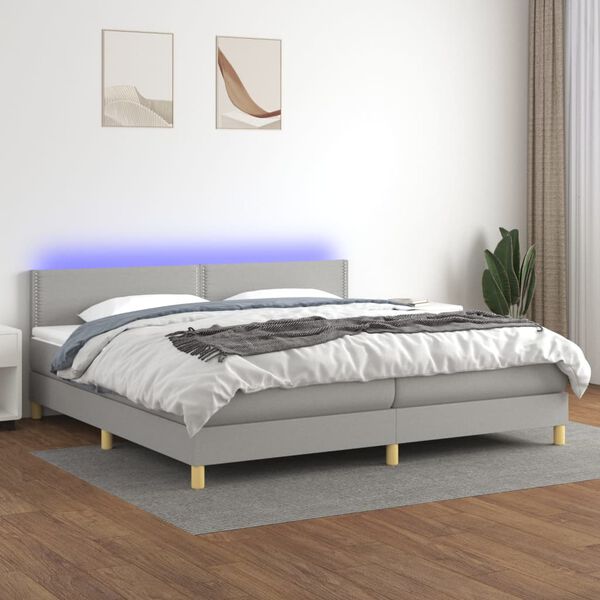 vidaXL Box spring postelja z vzmetnico LED sv. siva 200x200 cm blago