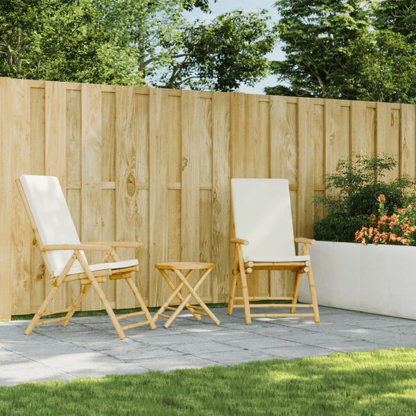 vidaXL Zložljiva bistro garnitura 3 kosi kremno bele blazine bambus