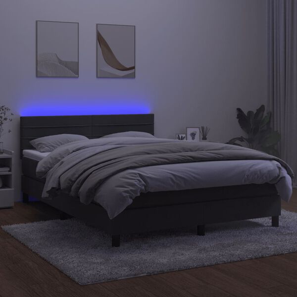 vidaXL Box spring postelja z vzmetnico LED temno siva 140x190 cm žamet