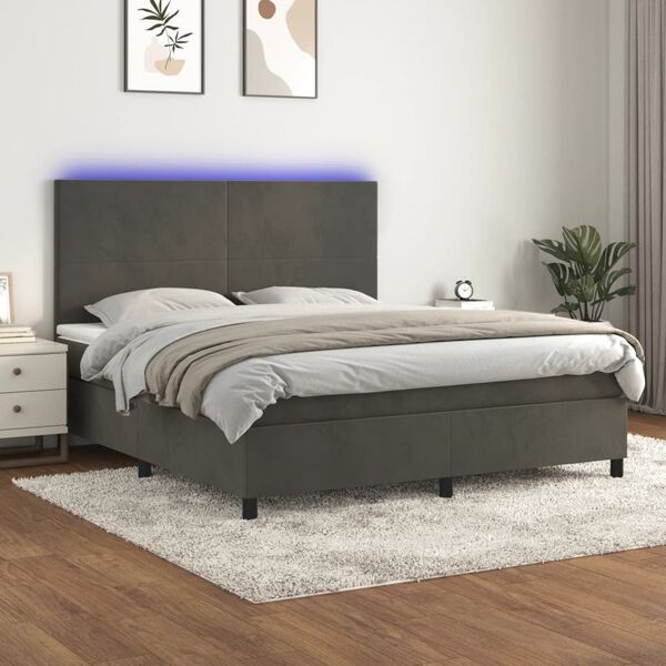 vidaXL Box spring postelja z vzmetnico LED temno siva 180x200 cm žamet