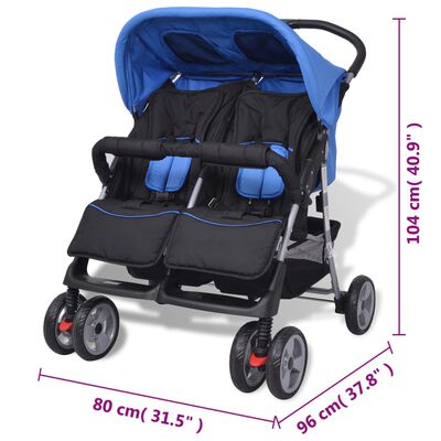 vidaXL Otroški voziček za dvojčke jeklen moder in črn