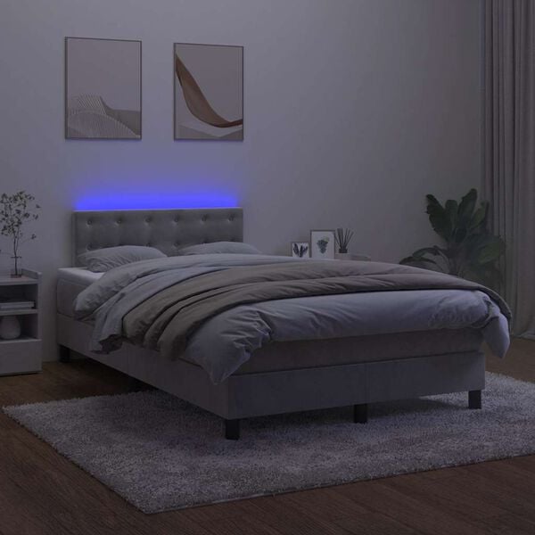 vidaXL Box spring postelja z vzmetnico LED sv. siva 120x190 cm žamet