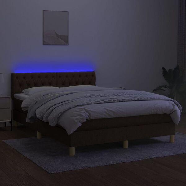 vidaXL Box spring postelja z vzmetnico LED temno rjava 140x200cm blago