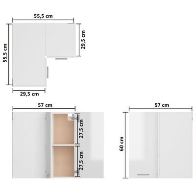 vidaXL Viseča kotna omarica visok sijaj bela 57x57x60 cm iverna plošča