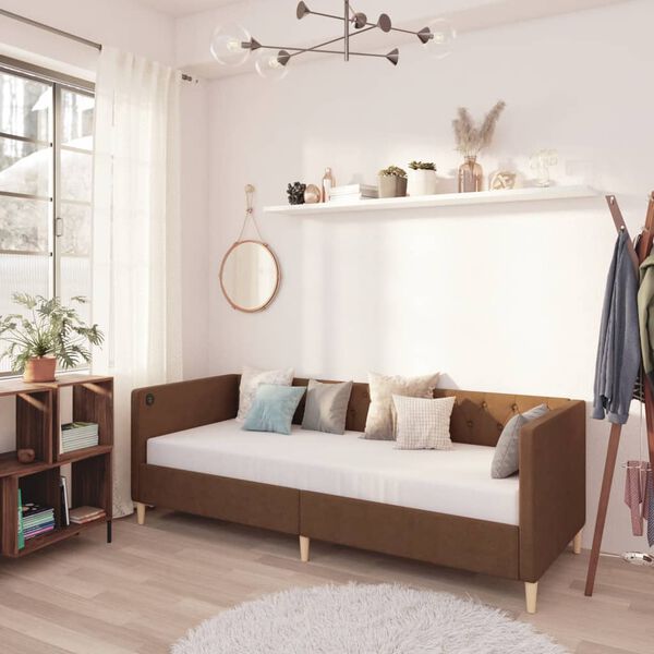 vidaXL Dnevna postelja z vzmetnico USB rjavo blago 90x200 cm