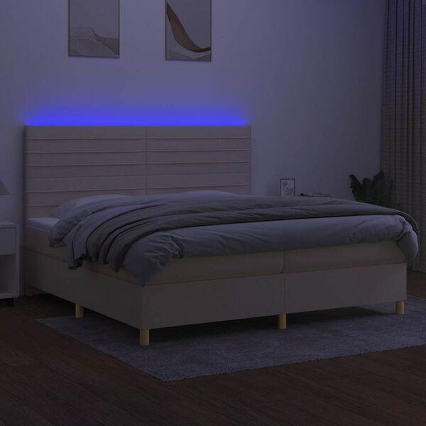 vidaXL Box spring postelja z vzmetnico LED krem 200x200 cm blago