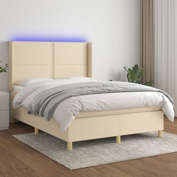 vidaXL Box spring postelja z vzmetnico LED krem 140x190 cm blago