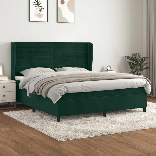 vidaXL Box spring postelja z vzmetnico temno zelena 160x200 cm žamet