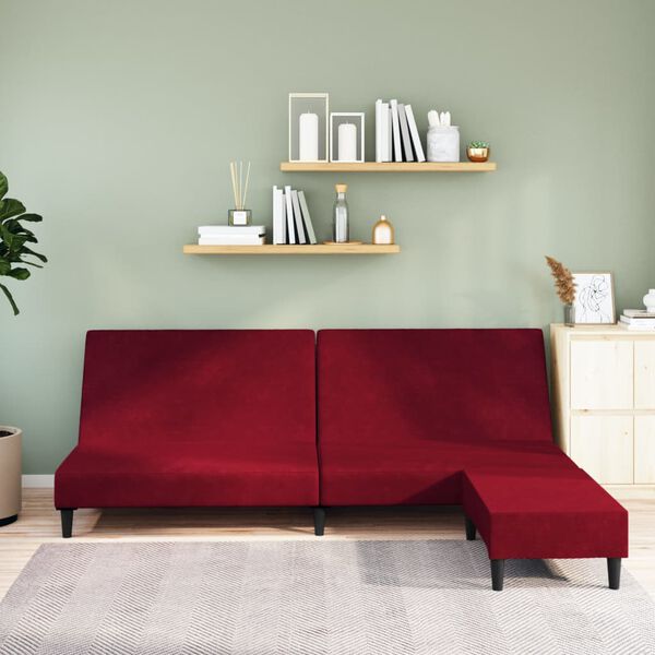 vidaXL Kavč dvosed z leži&scaron;čem in stolčkom vinsko rdeč žamet