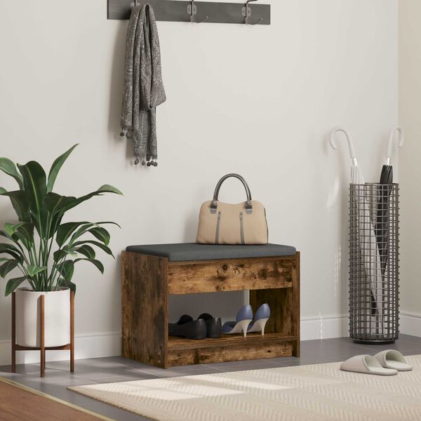 vidaXL Haldna klop z blazino s polico Dimljeni Hrast 63 x 38 x 45 cm