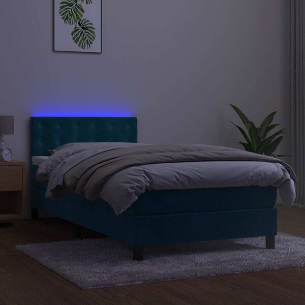 vidaXL Box spring postelja z vzmetnico LED temno modra 100x200cm žamet