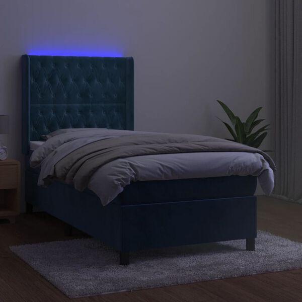 vidaXL Box spring postelja z vzmetnico LED temno modra 90x200 cm žamet