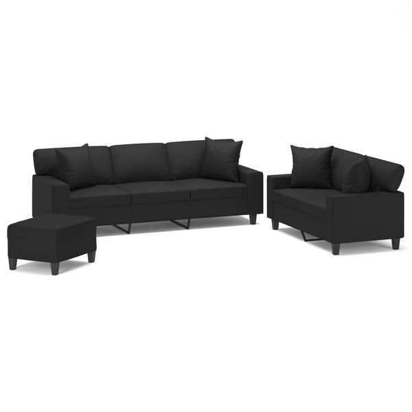 vidaXL Sedežna garnitura 3-delna z okrasnimi blazinami črno um. usnje