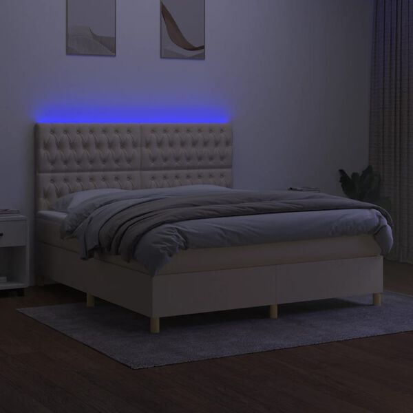vidaXL Box spring postelja z vzmetnico LED krem 180x200 cm blago