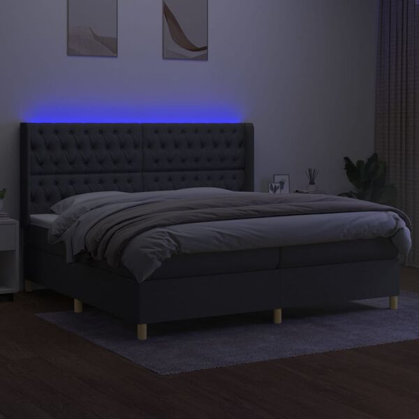 vidaXL Box spring postelja z vzmetnico LED temno siva 200x200 cm blago