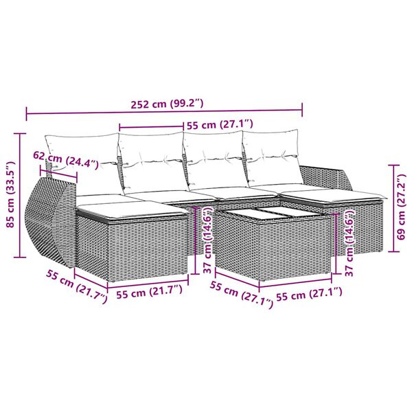 vidaXL Vrtna sedežna garnitura 7-delna z blazinami črn poli ratan
