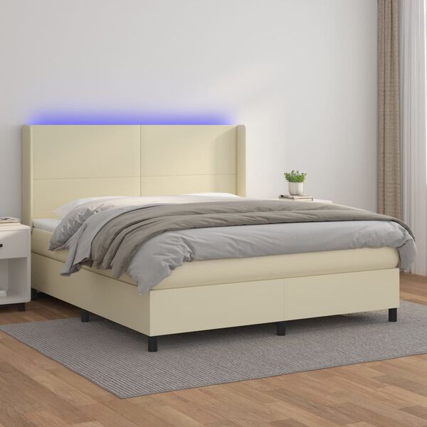 vidaXL Box spring postelja z vzmetnico LED krem 160x200cm umetno usnje